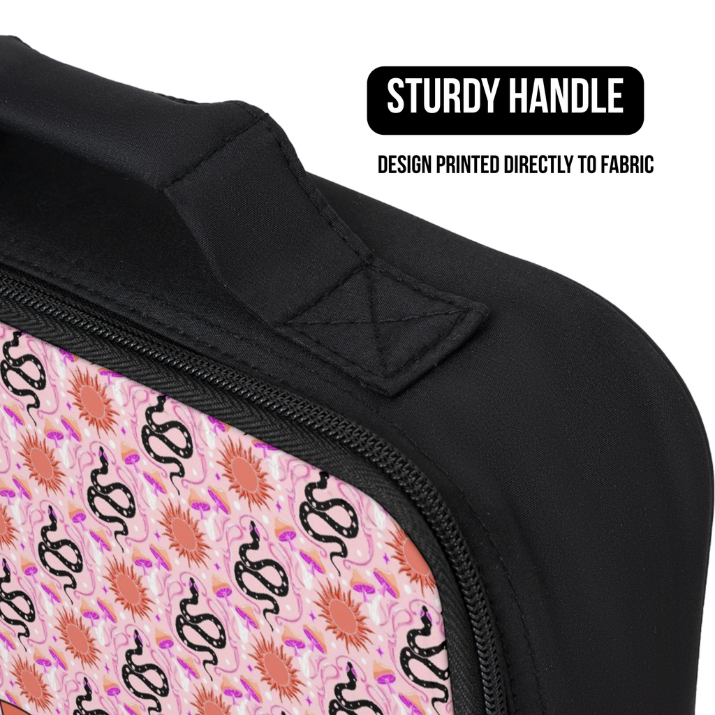 Black lunch bag with pink celestial snake pattern and 'Sturdy Handle' text on a white background