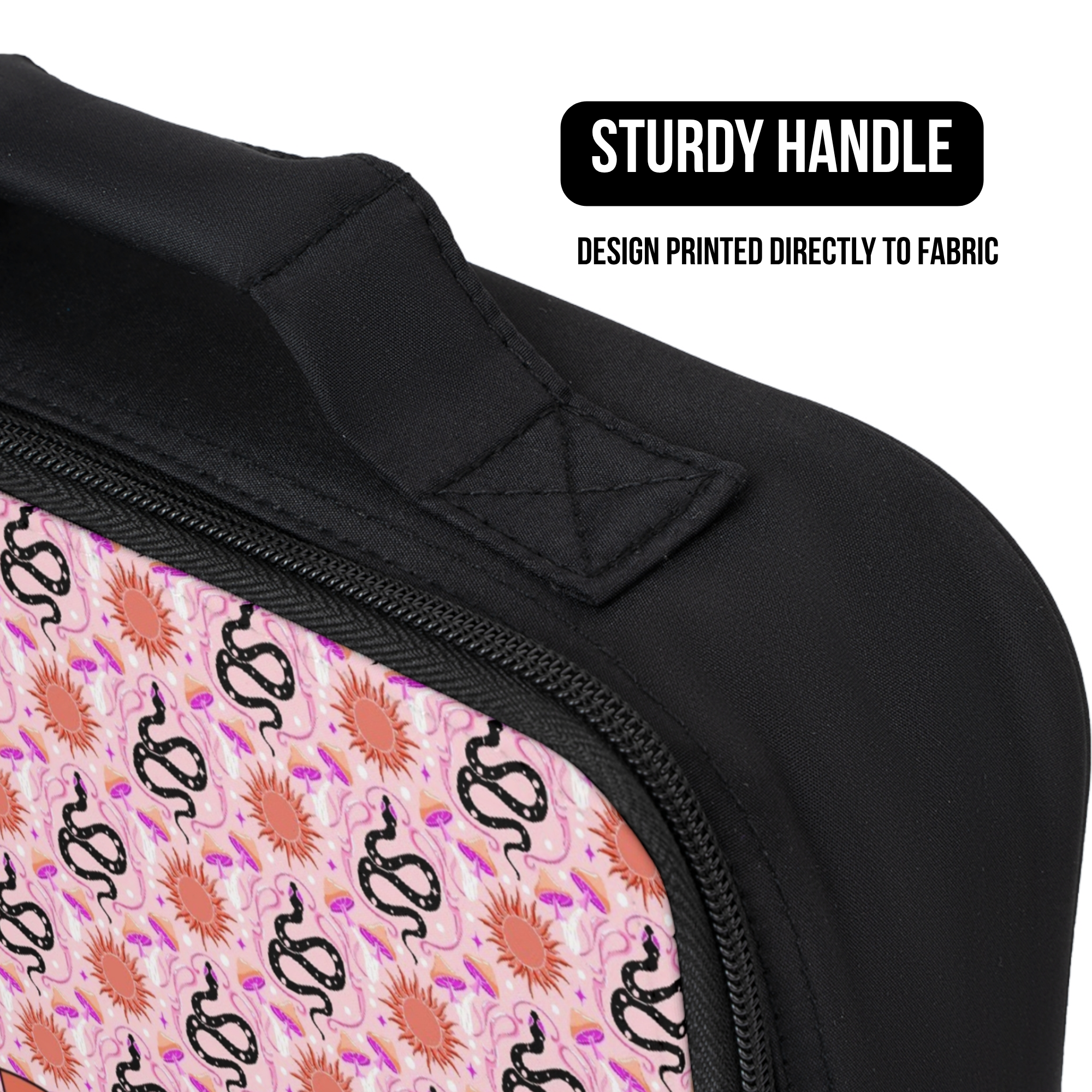 Black lunch bag with pink celestial snake pattern and 'Sturdy Handle' text on a white background