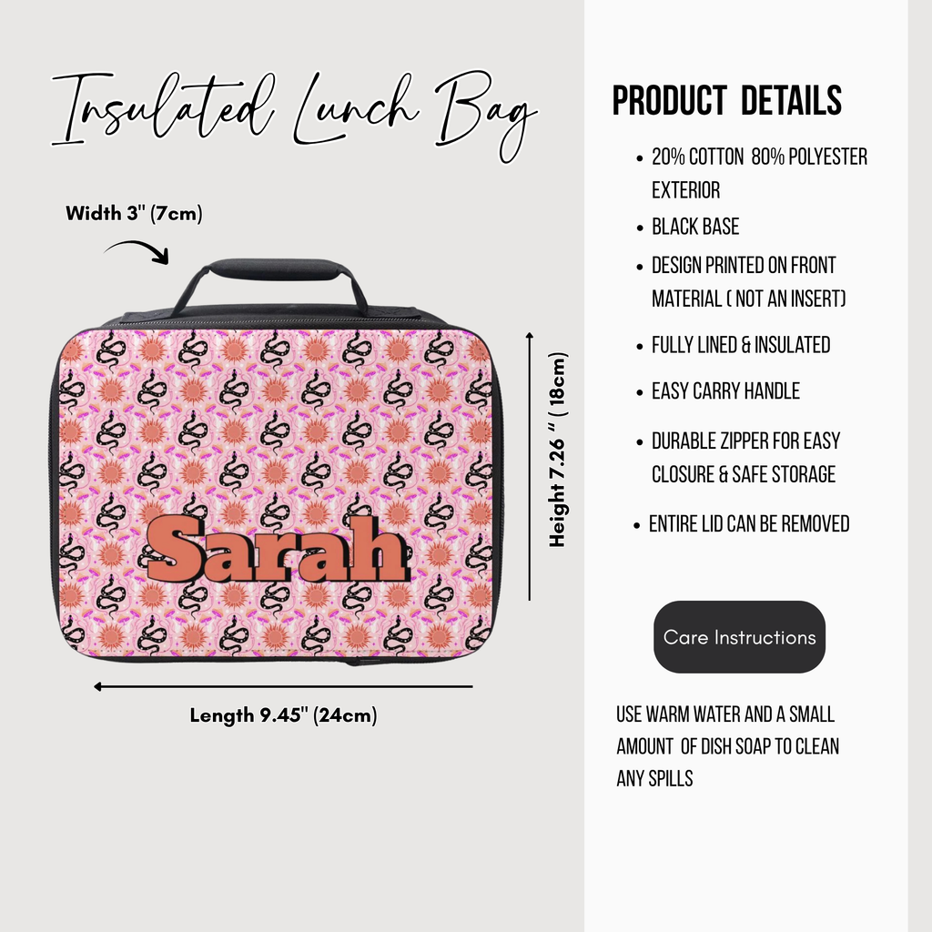 Insulated lunch bag with pink floral snake pattern and 'Sarah' text, featuring product details on a white background.