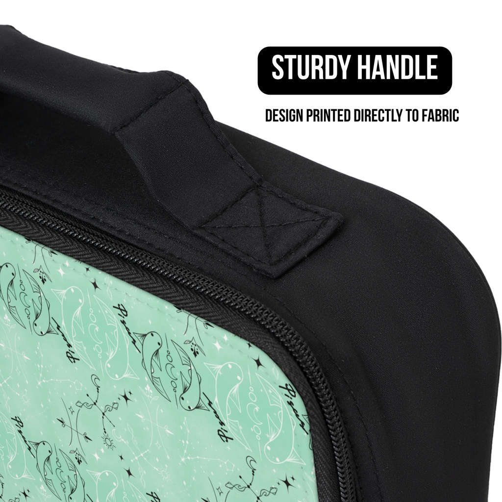 Black lunch bag with a green patterned Pisces zodiac design, featuring text about a sturdy handle design.