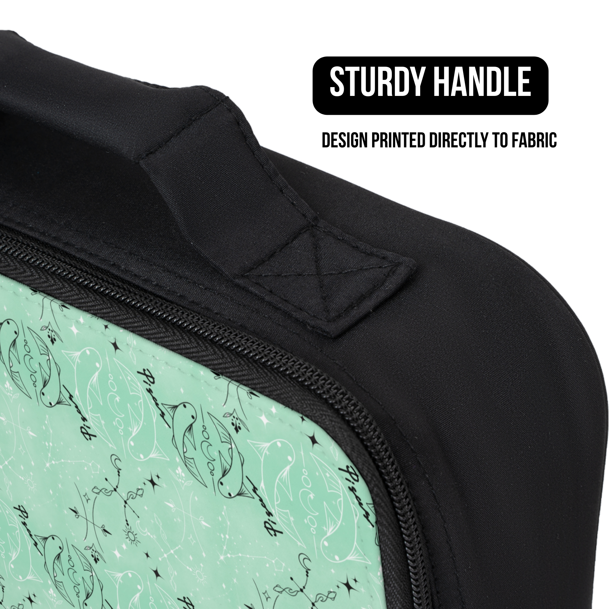 Black lunch bag with a green patterned Pisces zodiac design, featuring text about a sturdy handle design.