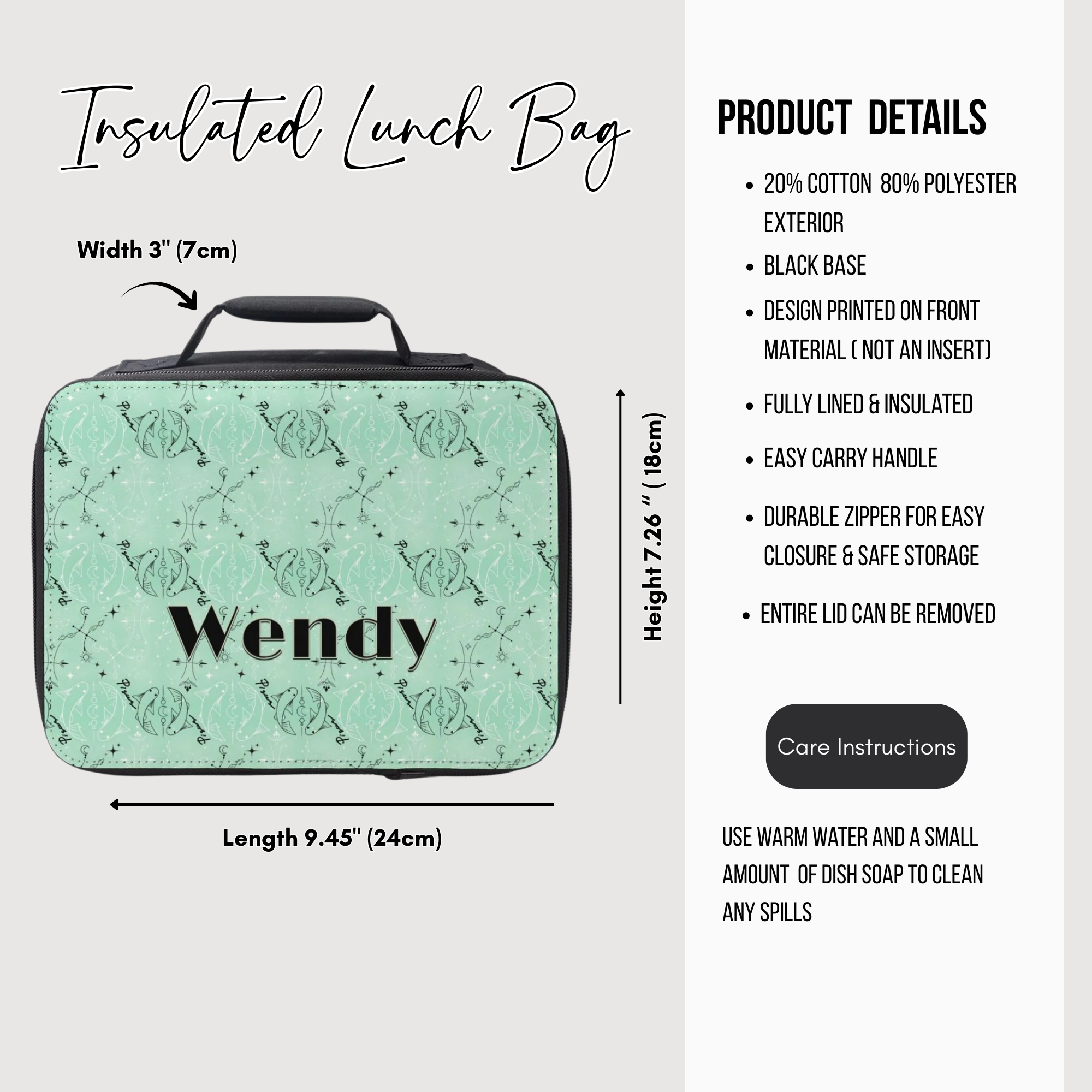 green Pisces zodiac patterned Insulated lunch bag with 'Wendy' custom text, dimensions, and product details on a white background.
