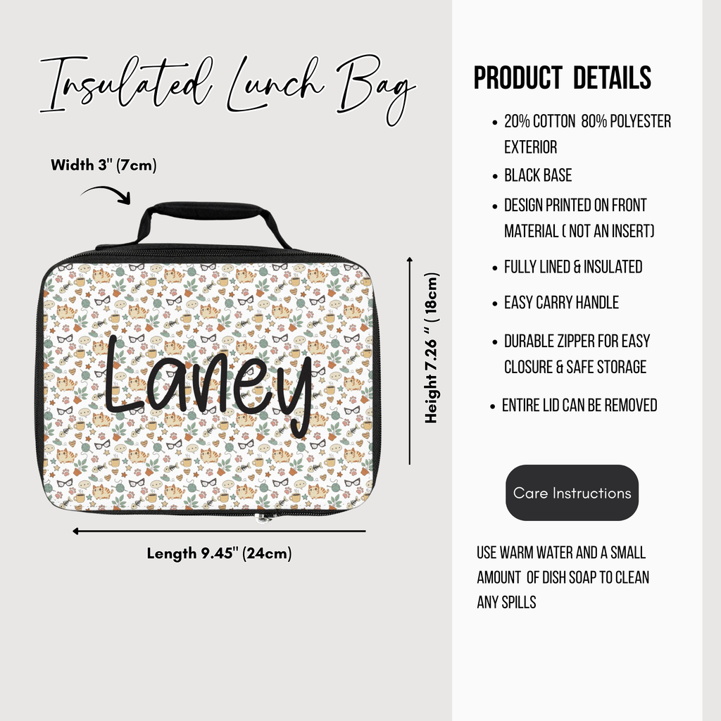 Insulated lunch bag with a cat pattern and  'Laney' custom text and product details on a white background