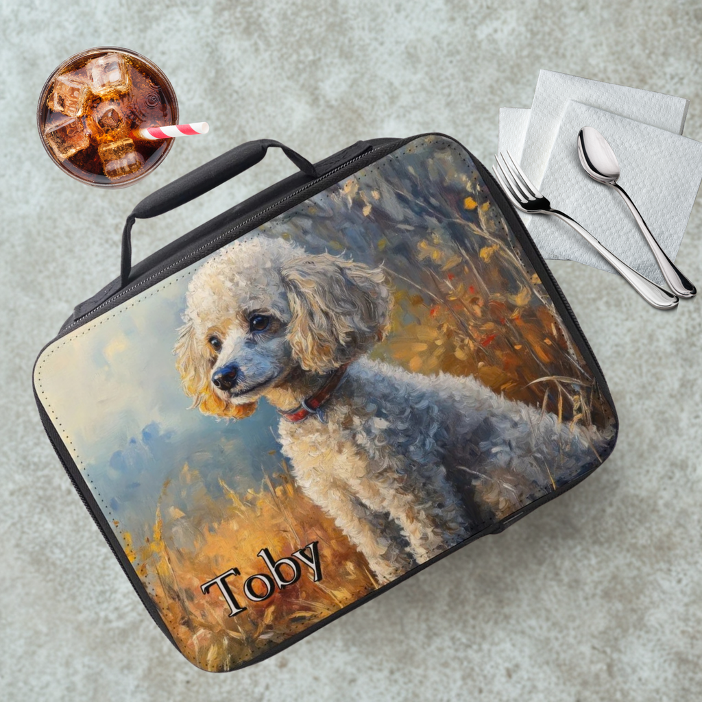 Lunch bag with a poodle dog design and 'Toby' printed on it, placed on a table with a drink and utensils.