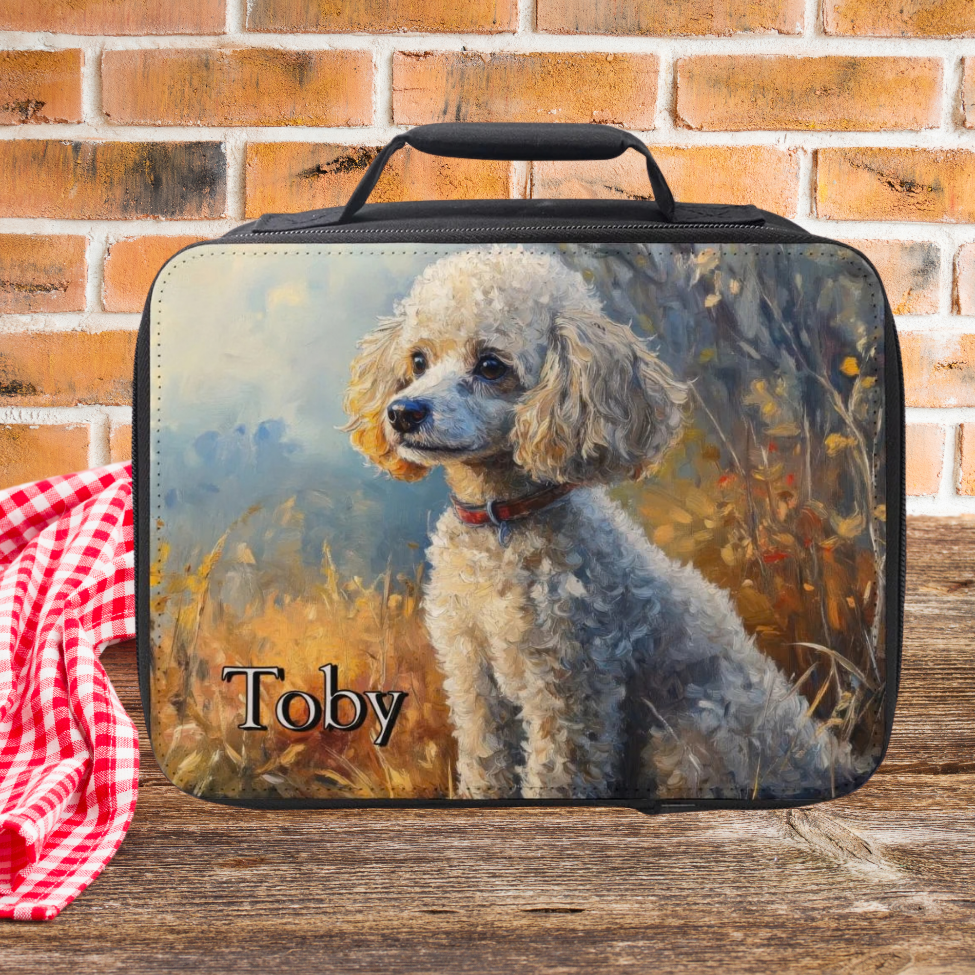  insulated lunch bag with a dog design and 'Toby' custom text, placed on a wooden picnic table with a brick wall background.