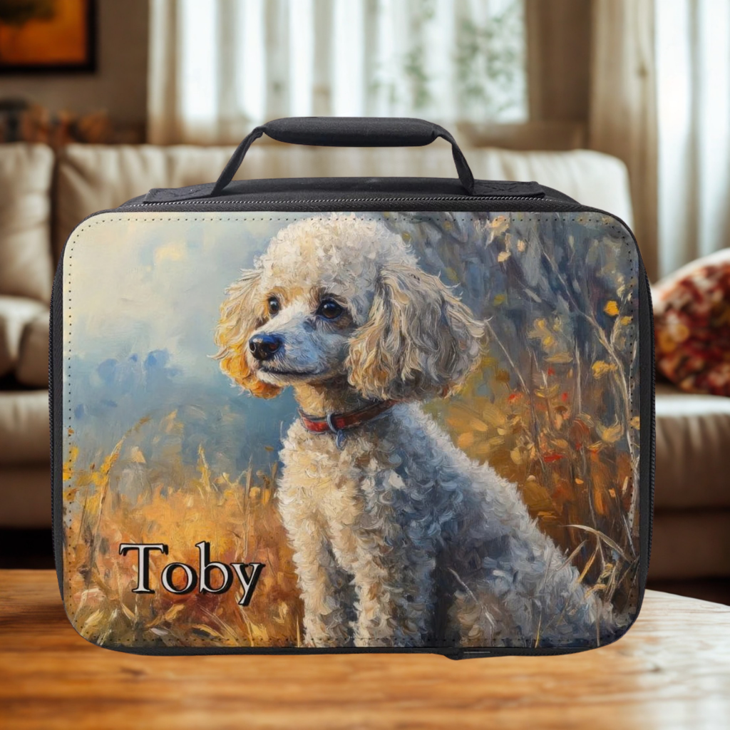 Lunch bag with a poodle dog design and 'Toby' custom text, placed on a wooden coffee table in a cozy living room.