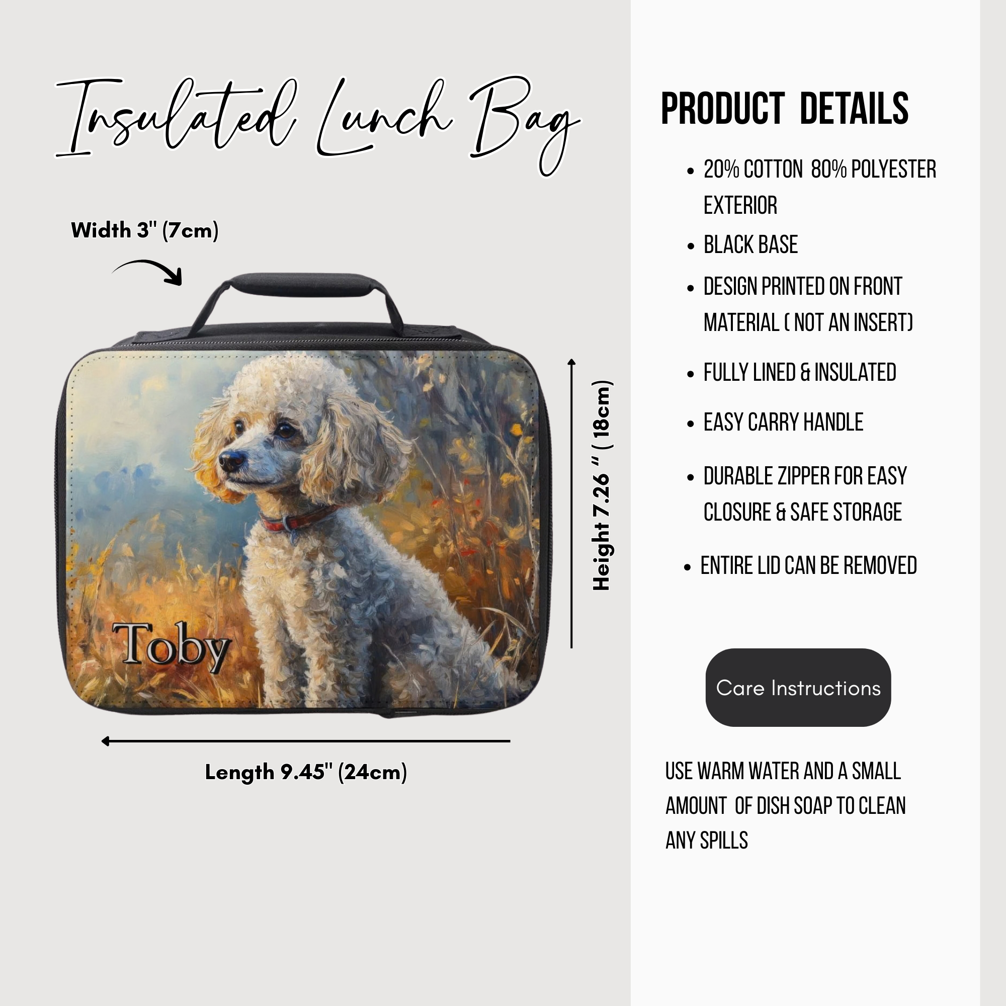 Insulated lunch bag with a poodle dog design and product details on a white background