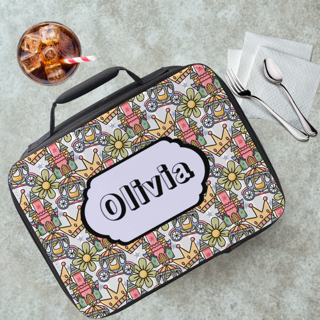 Colorful patterned lunch bag with 'Olivia' on a cafeteria table with a drink and utensils