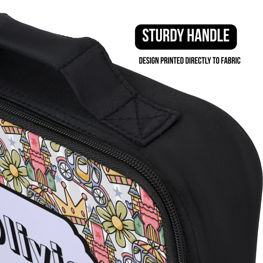 Black lunch bag with colorful design and 'Sturdy Handle' text on a white background