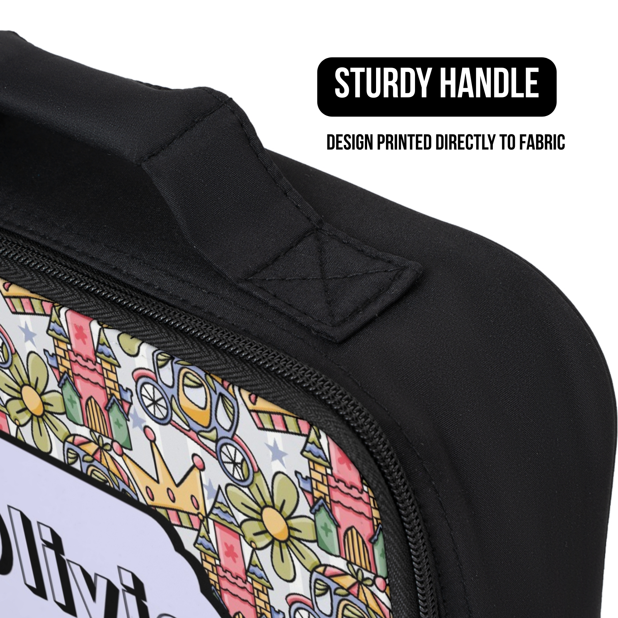 Black lunch bag with colorful design and 'Sturdy Handle' text on a white background