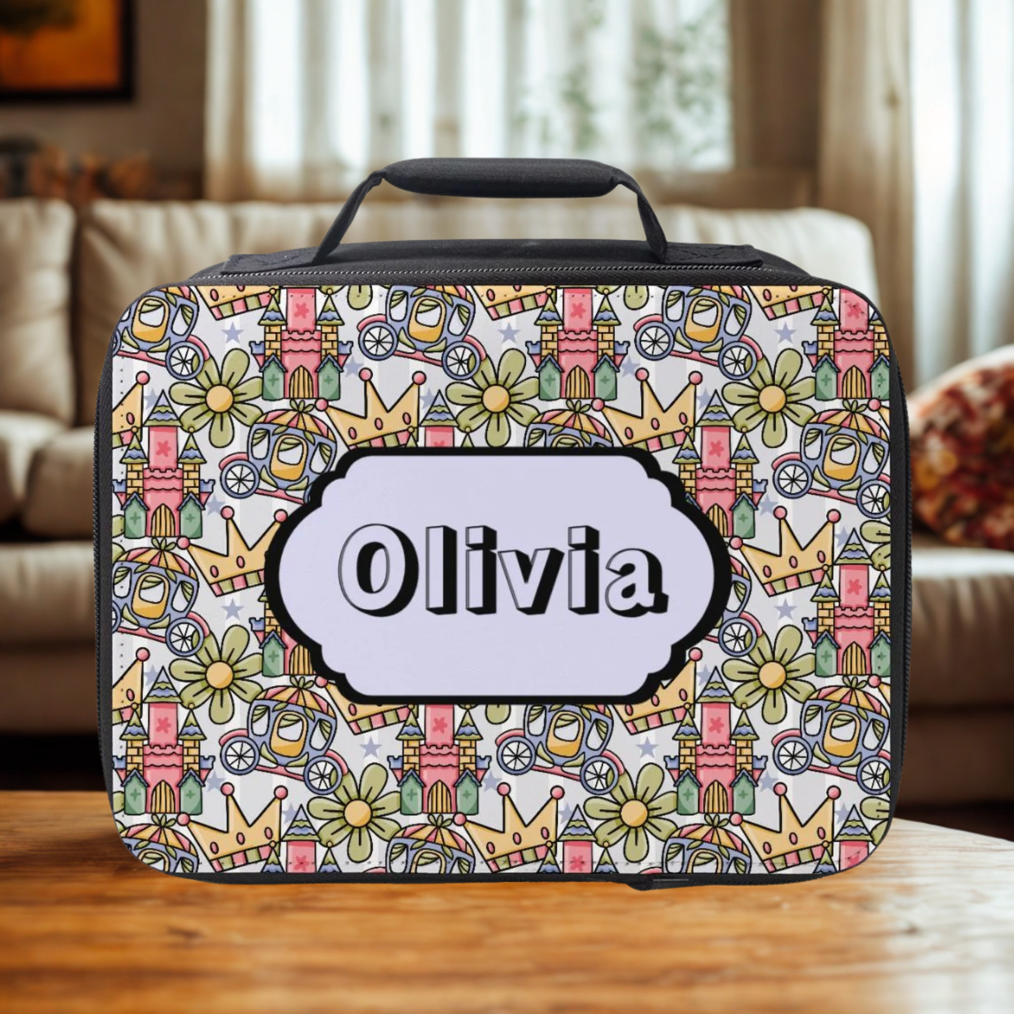  insulated lunch bag with colorful princess pattern and 'Olivia' custom text on a wooden living room table