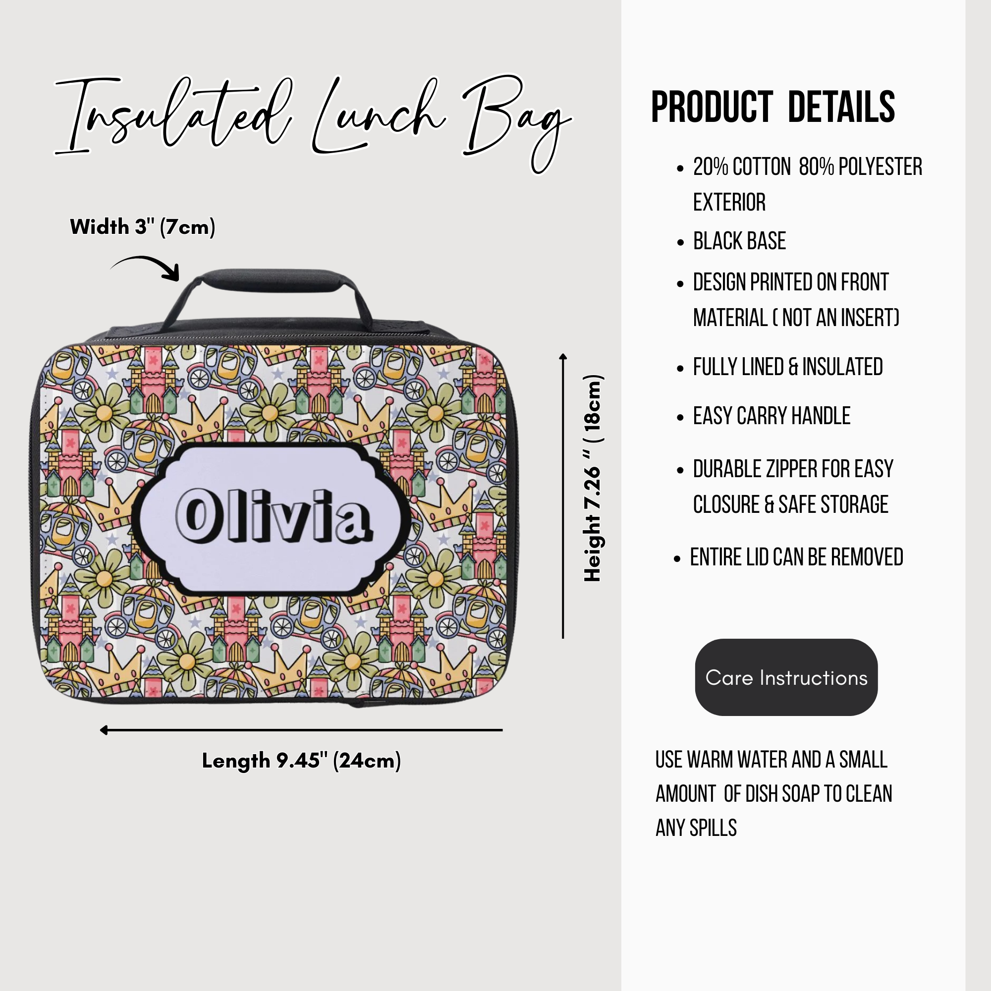 Insulated lunch bag with floral design and 'Olivia' branding, featuring product details on a white background.