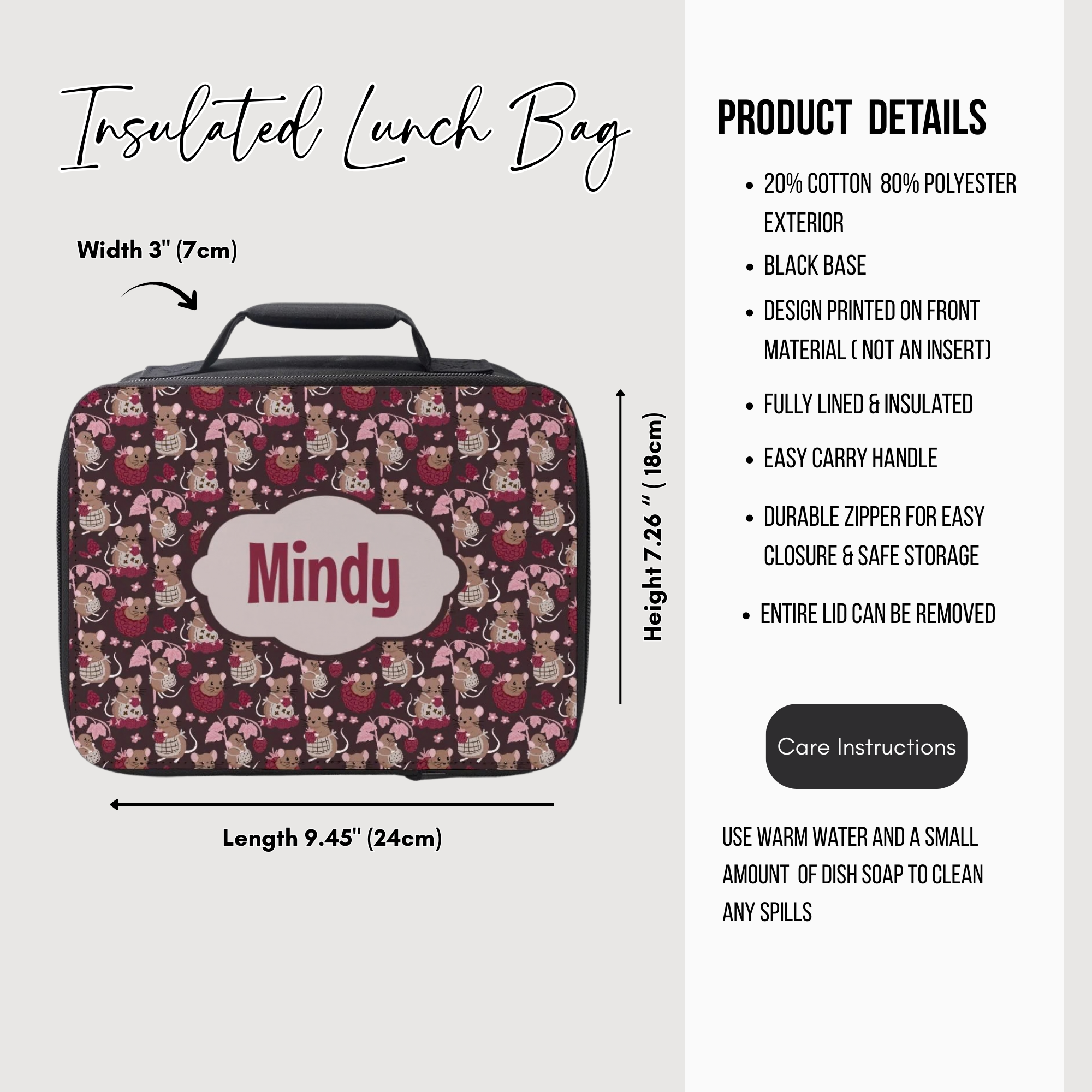 Insulated lunch bag with mouse & raspberry design and product details on a white background