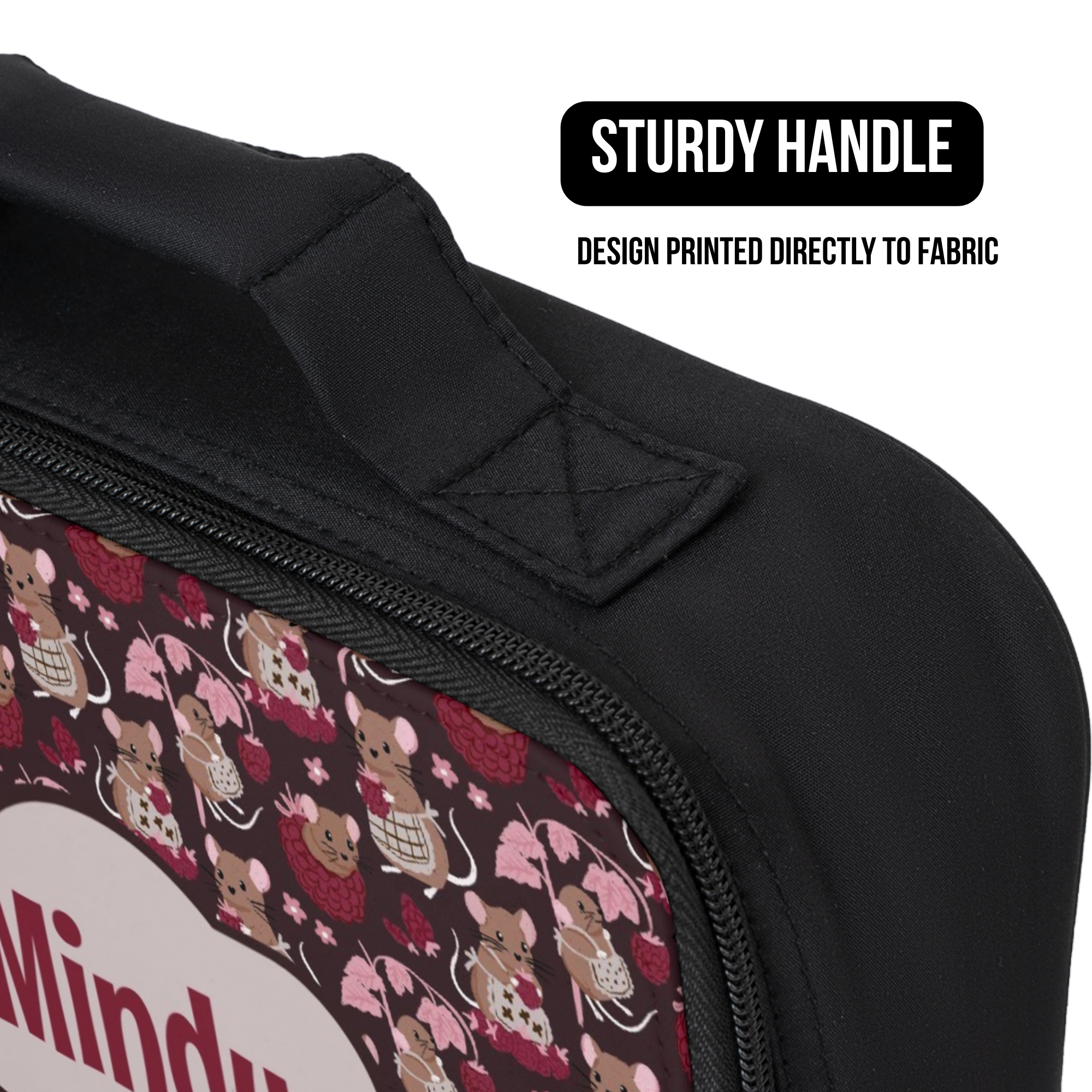 Black bag with a patterned handle and visible brand name, featuring text about a sturdy handle and design on fabric.