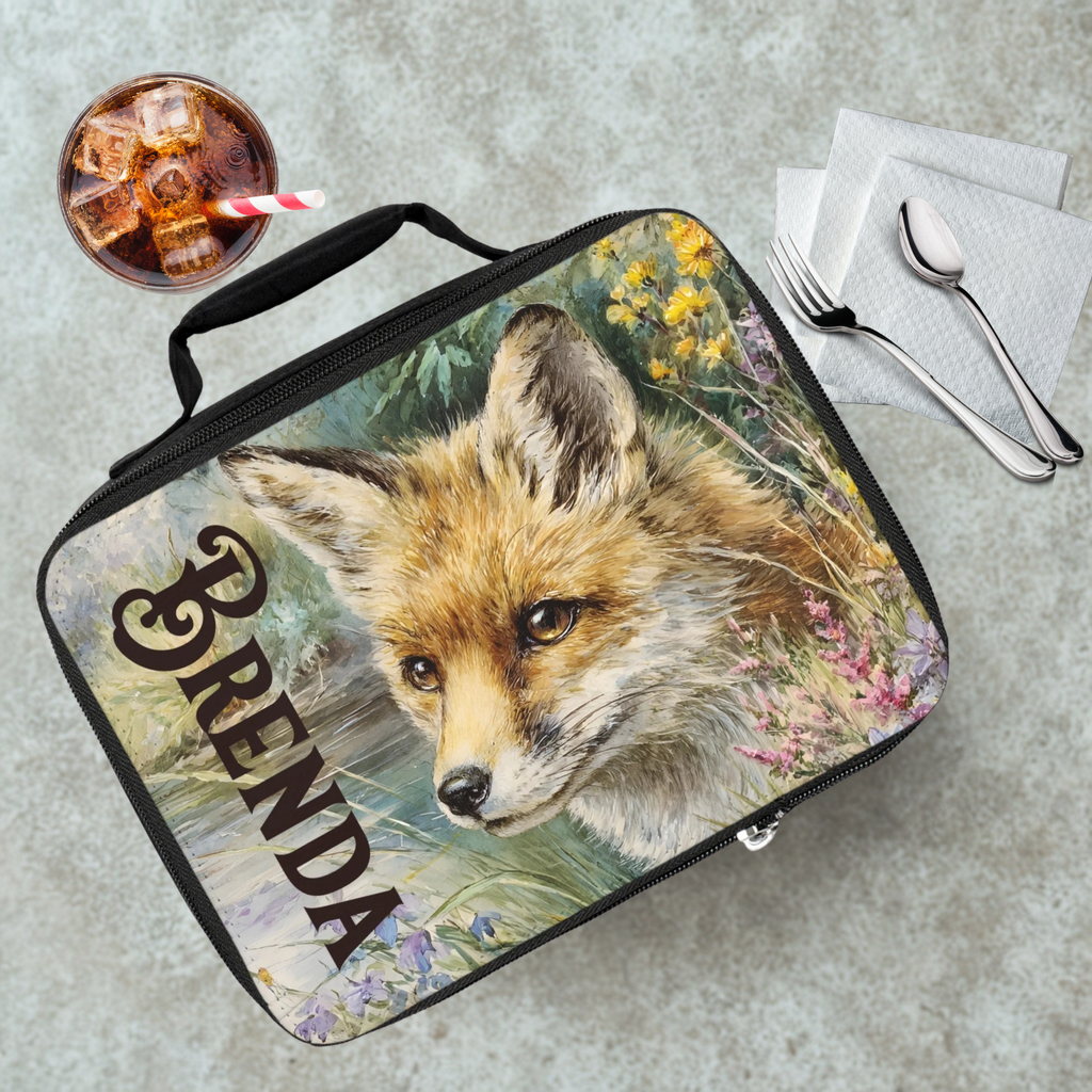Lunch bag with a fox design and the name 'Brenda' on a cafeteria table with a drink and utensils.