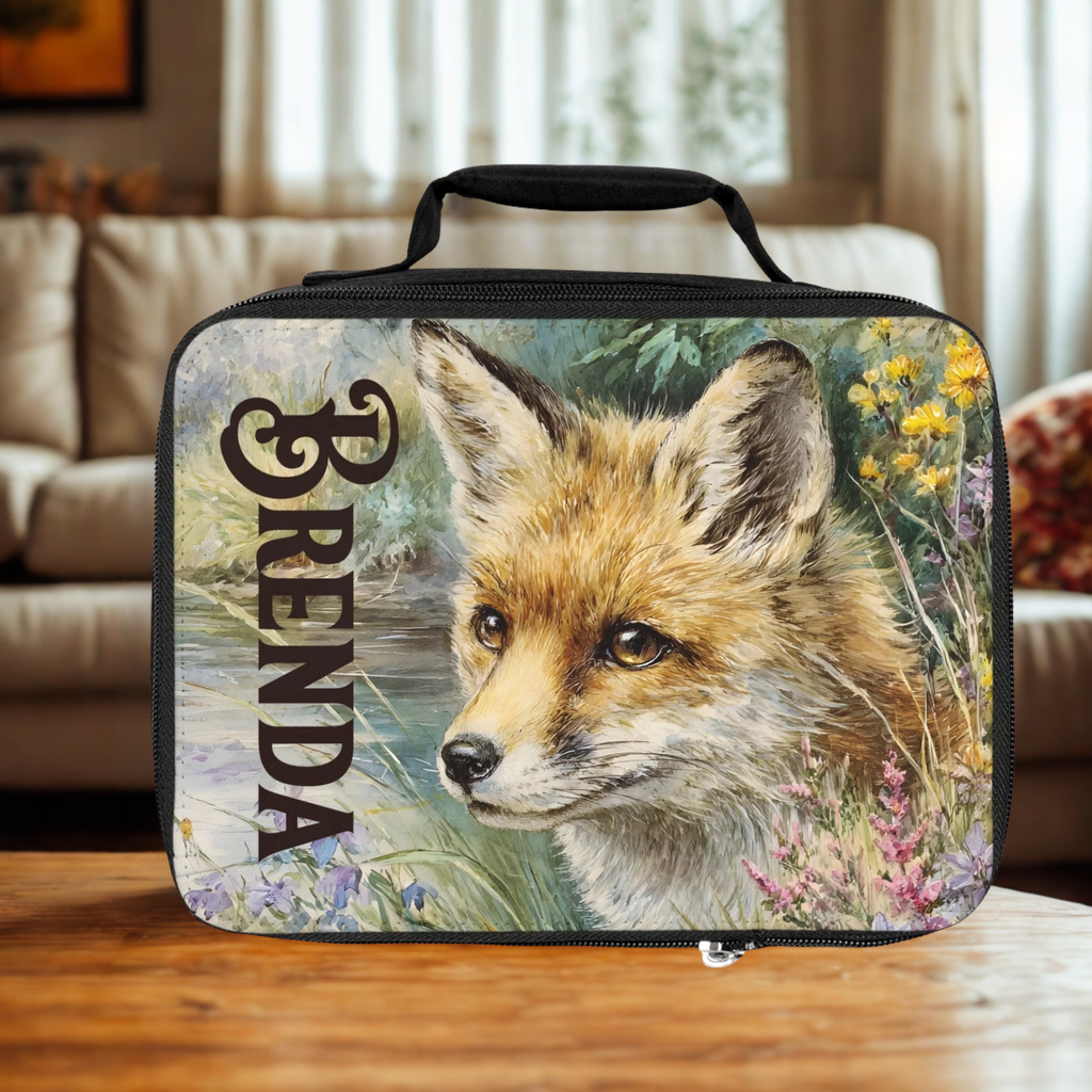  insulated lunch bag with a fox design and the name 'Brenda' on a wooden living room table.
