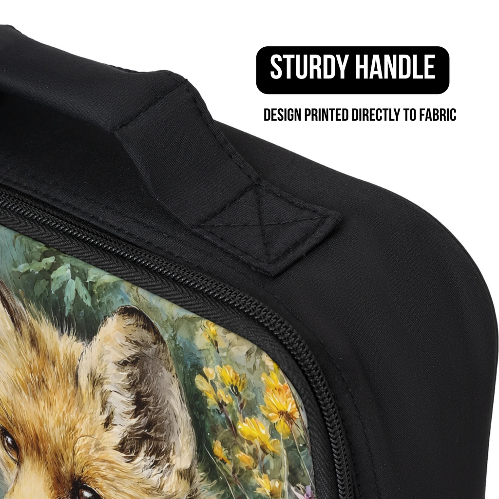 Black lunch bag with a fox design and sturdy handle feature