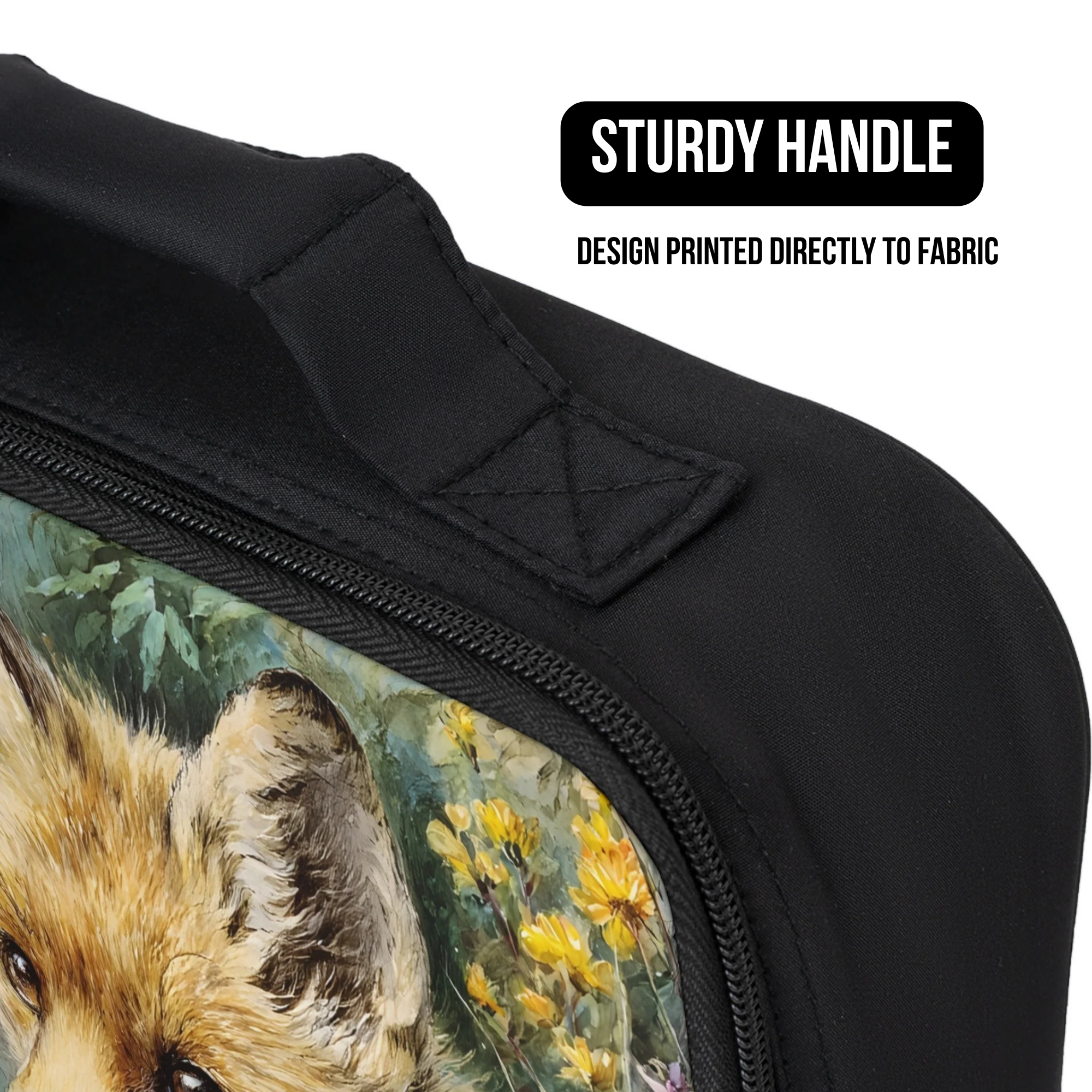 Black lunch bag with a fox design and sturdy handle feature