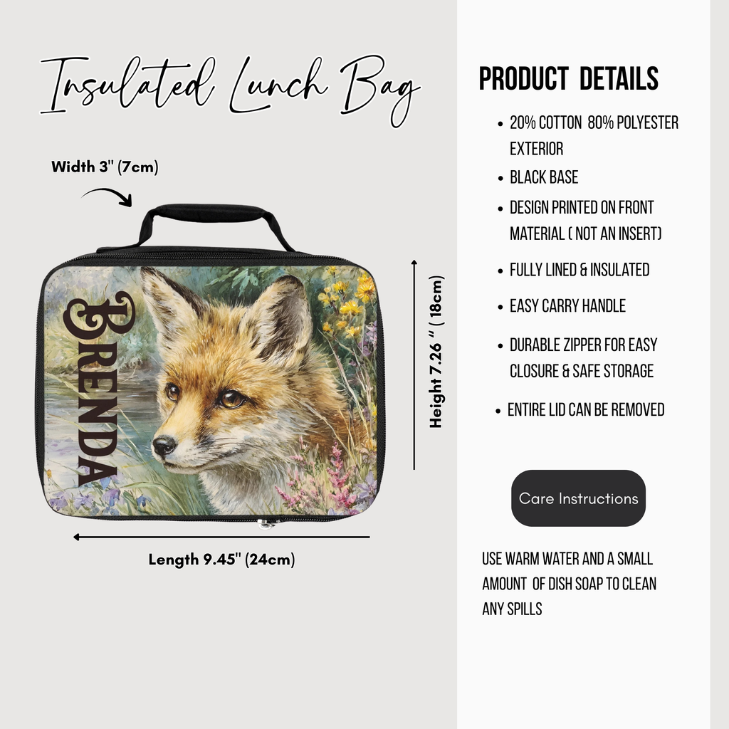 Insulated lunch bag with fox design and product details on a white background