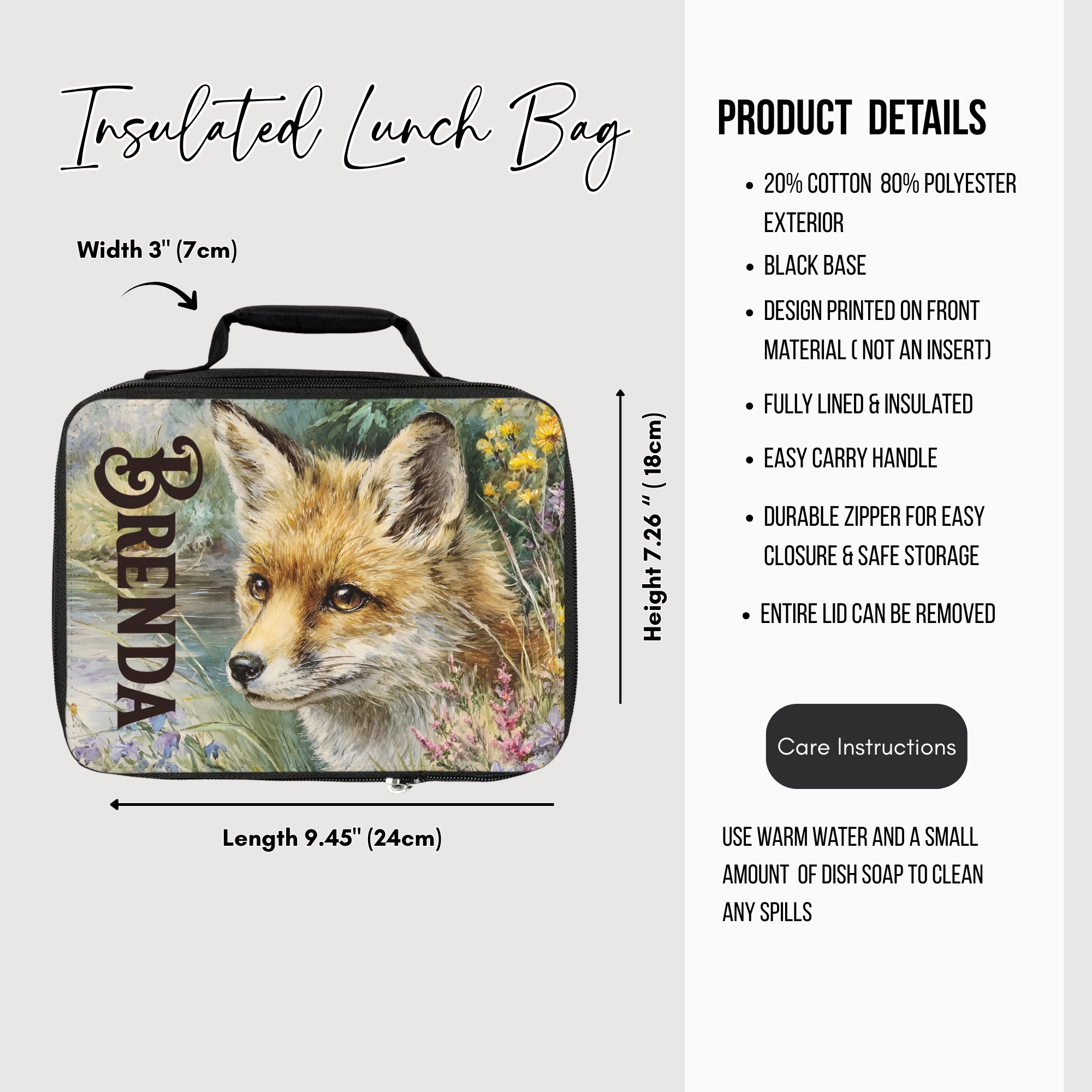 Insulated lunch bag with fox design and product details on a white background