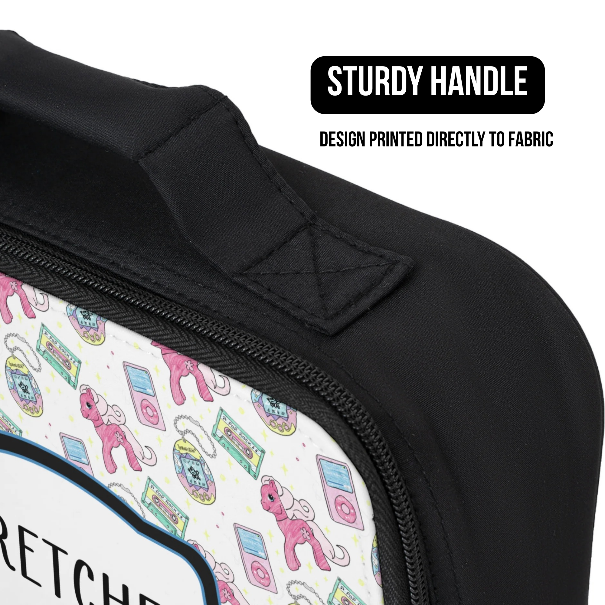 lunch bag with colorful pattern and black handle, featuring text about design and material.
