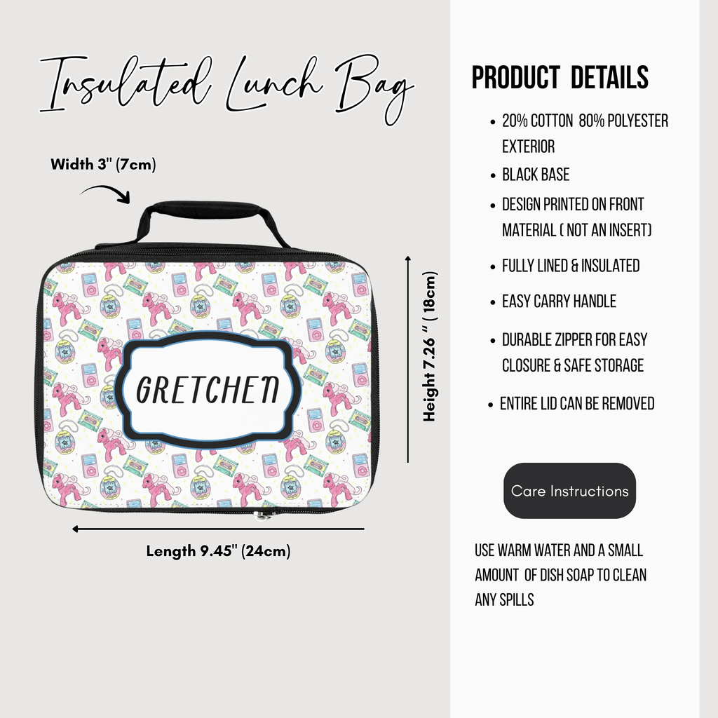 Insulated lunch bag with patterned design and 'Gretchen' custom text, featuring product details on a white background.