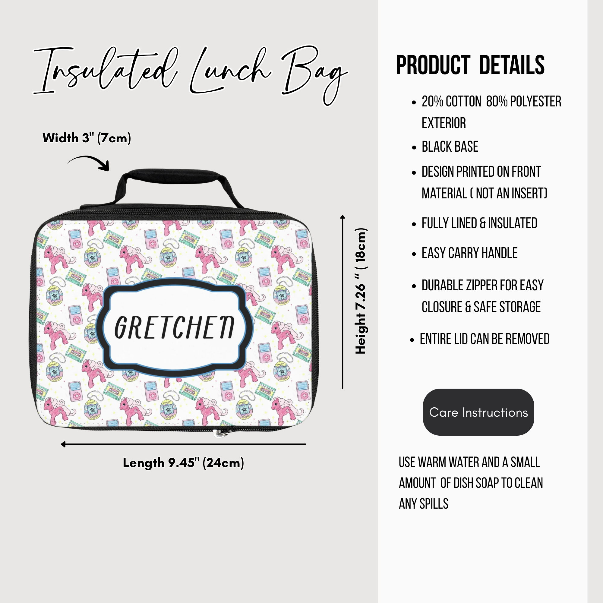 Insulated lunch bag with patterned design and 'Gretchen' custom text, featuring product details on a white background.