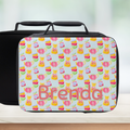 Personalized lunch bag with tea pattern and name 'Brenda' on a light background