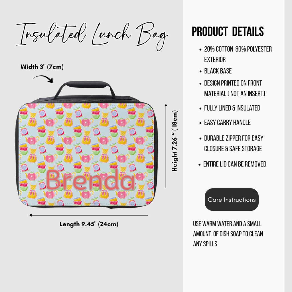 Insulated lunch bag with baking pattern and 'Brenda' text, featuring product details on a white background.