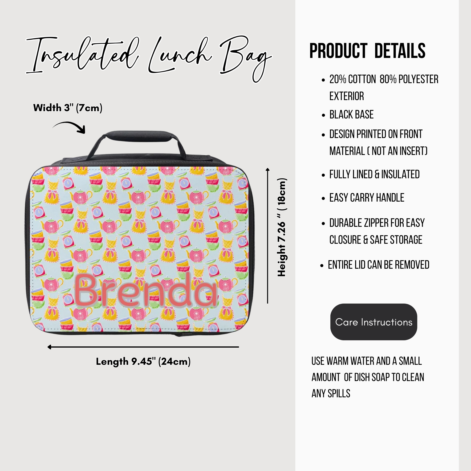 Insulated lunch bag with baking pattern and 'Brenda' text, featuring product details on a white background.