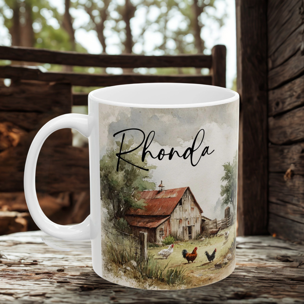 Mug with a farm scene and 'Rhonda' text on a wooden surface