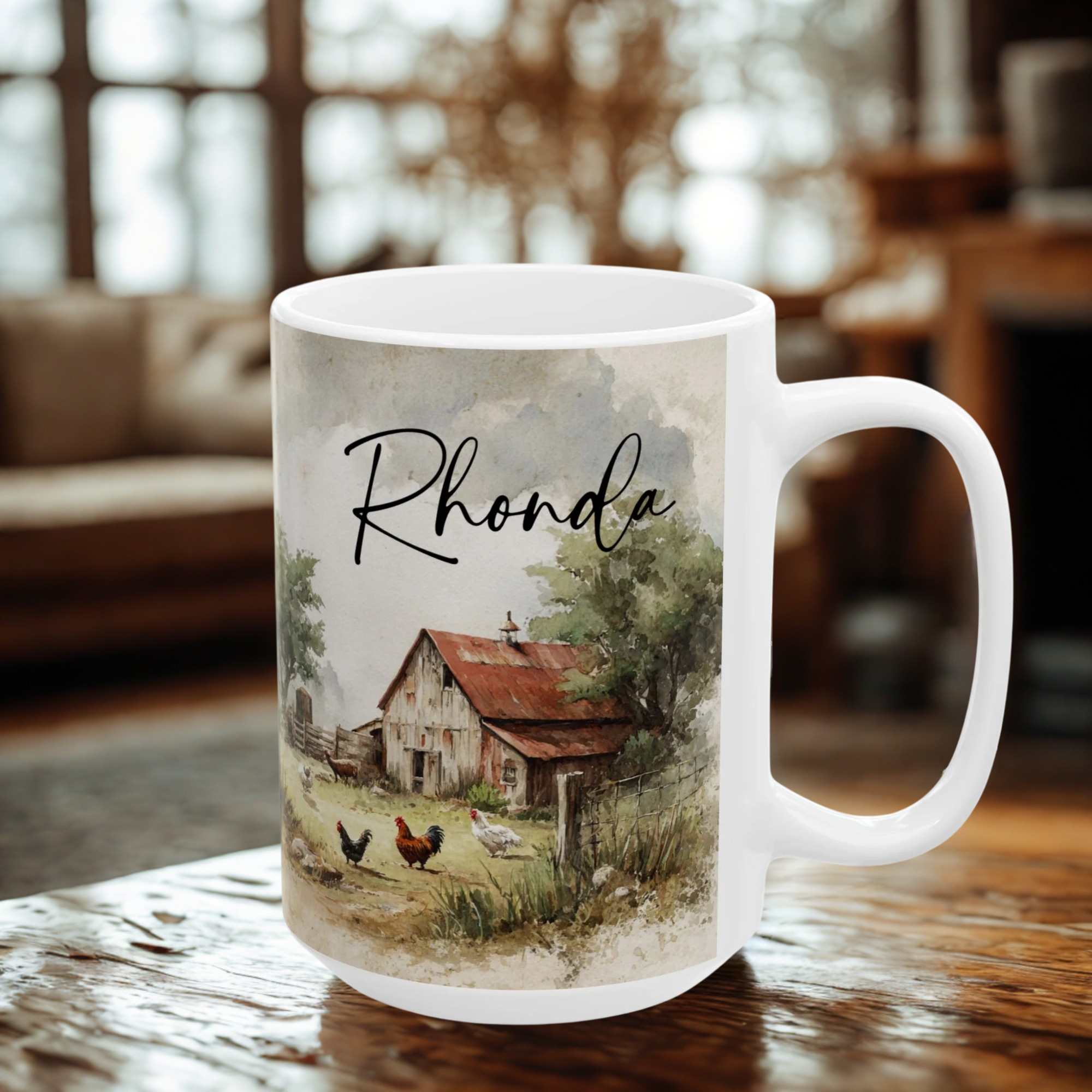 White mug with 'Rhonda' and a farm with chickens design on a wooden surface