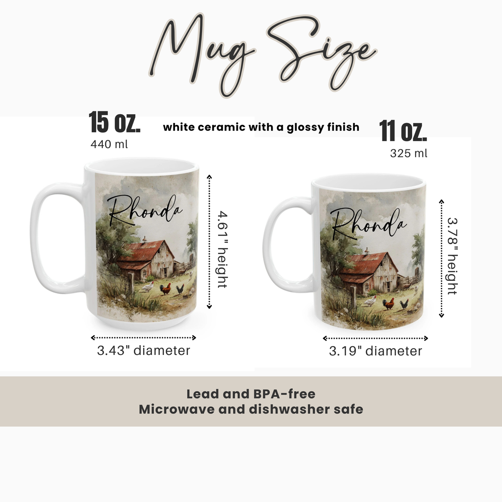 Two mugs with a scenic farm design and text, showing measurements and material information.