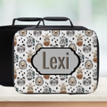  insulated lunch bag with animal pattern and 'Lexi' custom text on a wooden surface with a light background