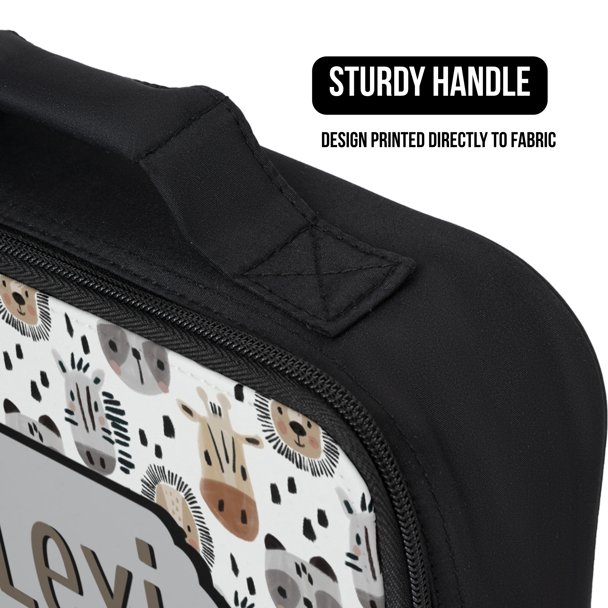Black lunch bag with animal pattern and 'Sturdy Handle' text on a white background