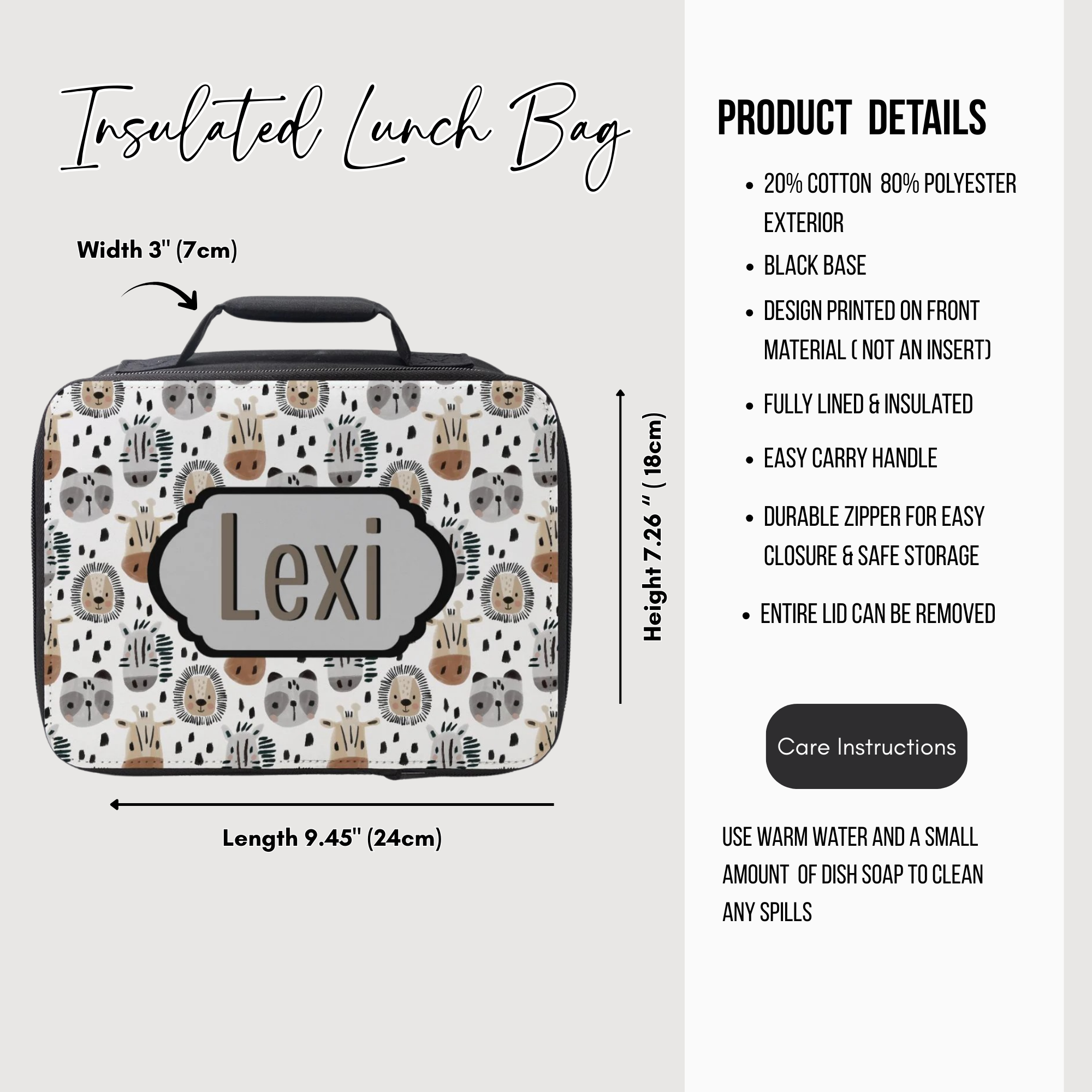 Insulated lunch bag with animal pattern and 'Lexi' custom text, featuring product details on a white background.