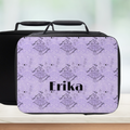 Black and purple Sagittarius zodiac patterned lunch bag with 'Erika' custom text on a blurred background
