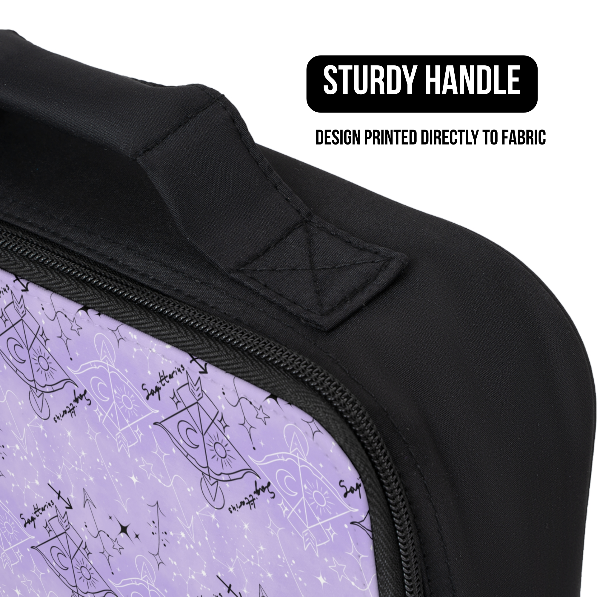 Black bag with a purple Sagittarius zodiac design featuring text and symbols, labeled 'Sturdy Handle' and 'Design Printed Directly to Fabric'.