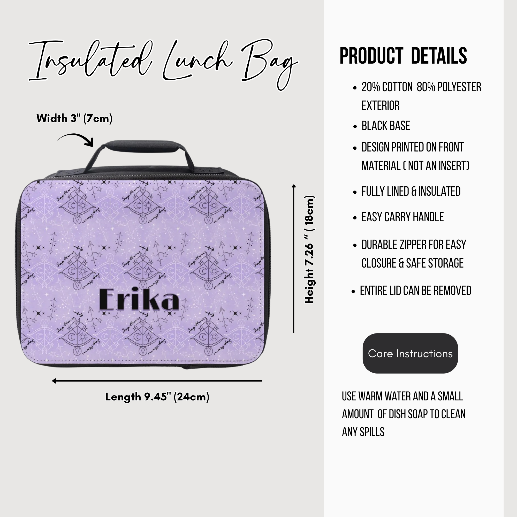 Insulated lunch bag with purple Sagittarius zodiac design and 'Erika' custom text, featuring product details on a white background.