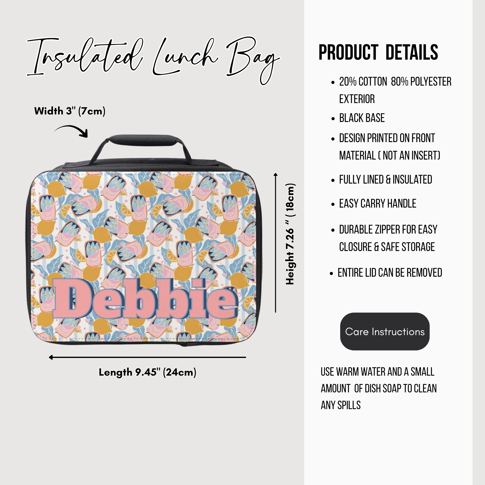 Insulated lunch bag with colorful sardine lemon design and 'Debbie' personalized text, featuring product details on a white background.
