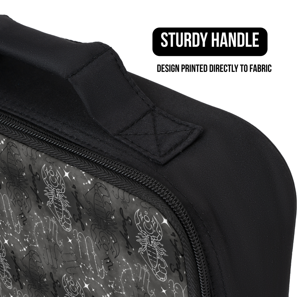 Scorpio black lunch bag with zippers and a handle, featuring a design printed directly to fabric.