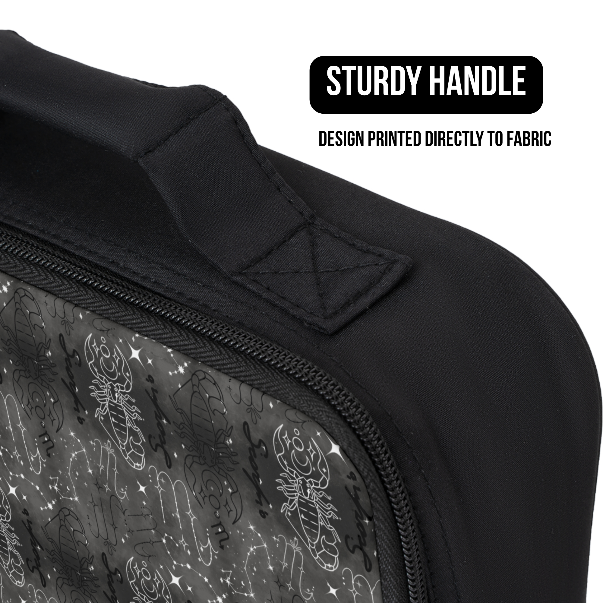 Scorpio black lunch bag with zippers and a handle, featuring a design printed directly to fabric.
