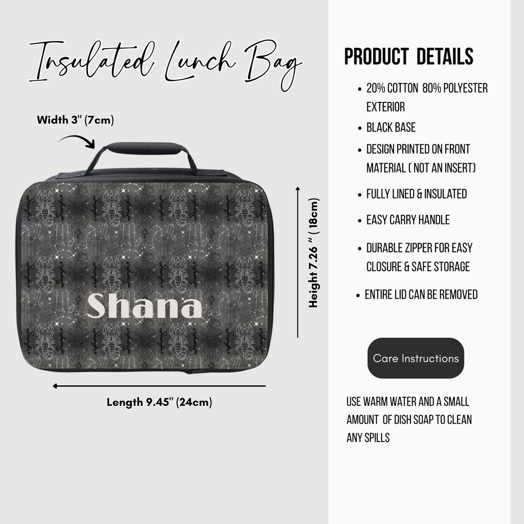 Scorpio designed insulated lunch bag with dimensions and product details on a white background