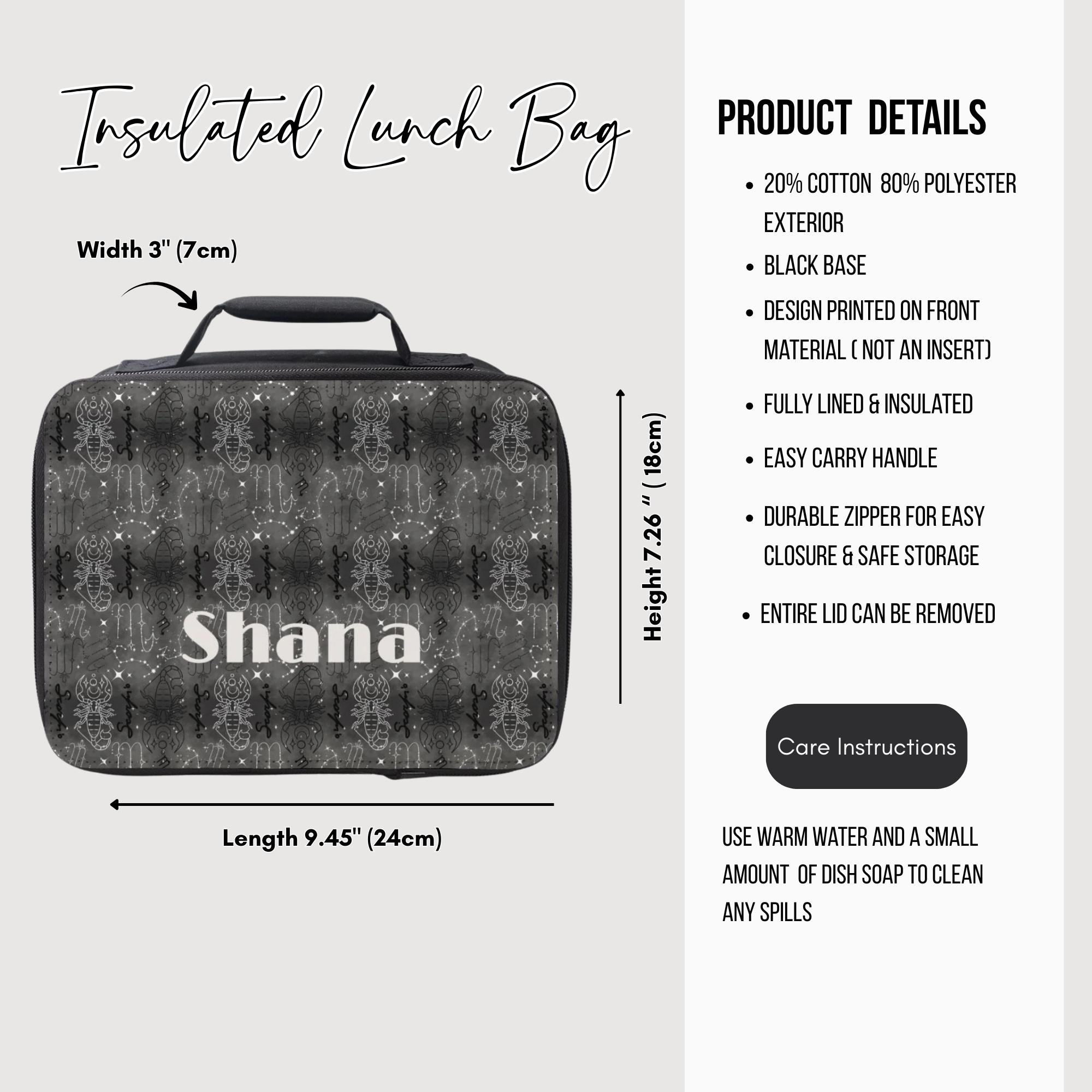 Scorpio designed insulated lunch bag with dimensions and product details on a white background