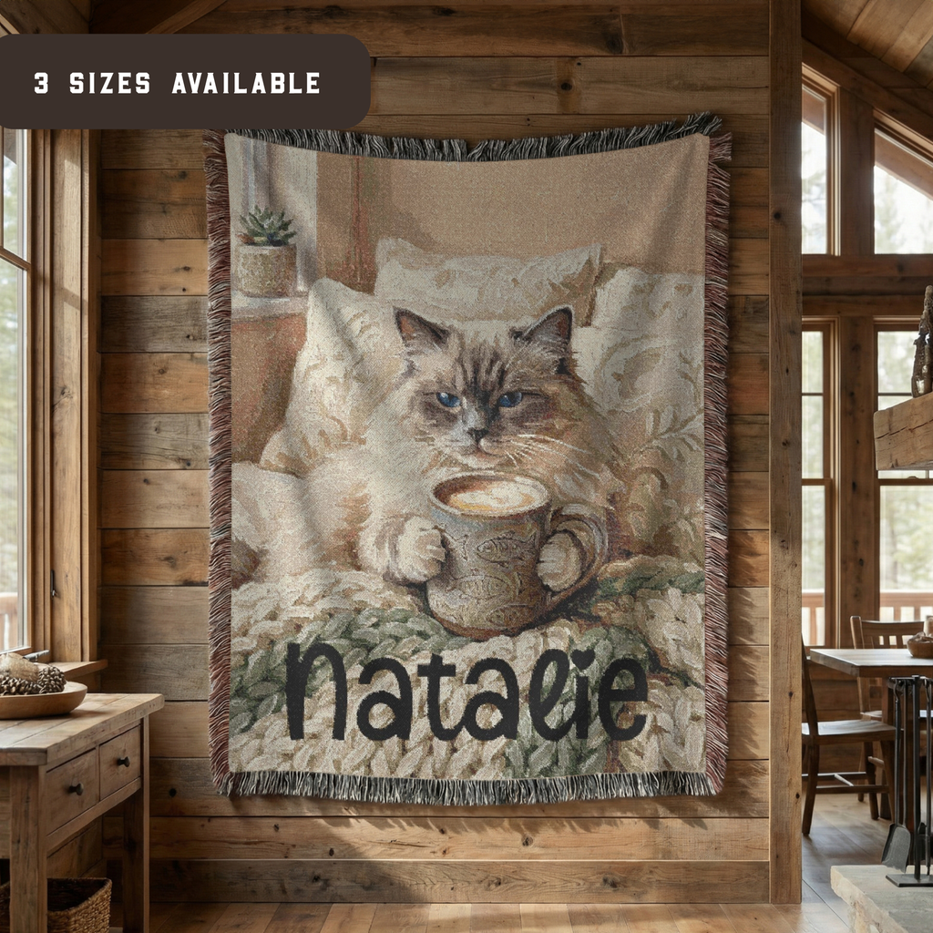 Personalized Cozy Siamese Cat & Coffee Woven Blanket Throw Tapestry
