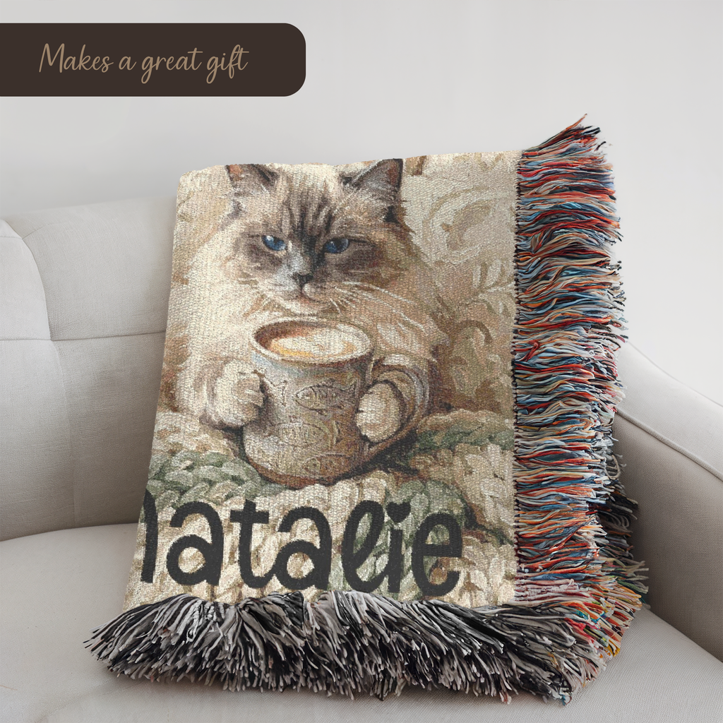 Personalized Cozy Siamese Cat & Coffee Woven Blanket Throw Tapestry
