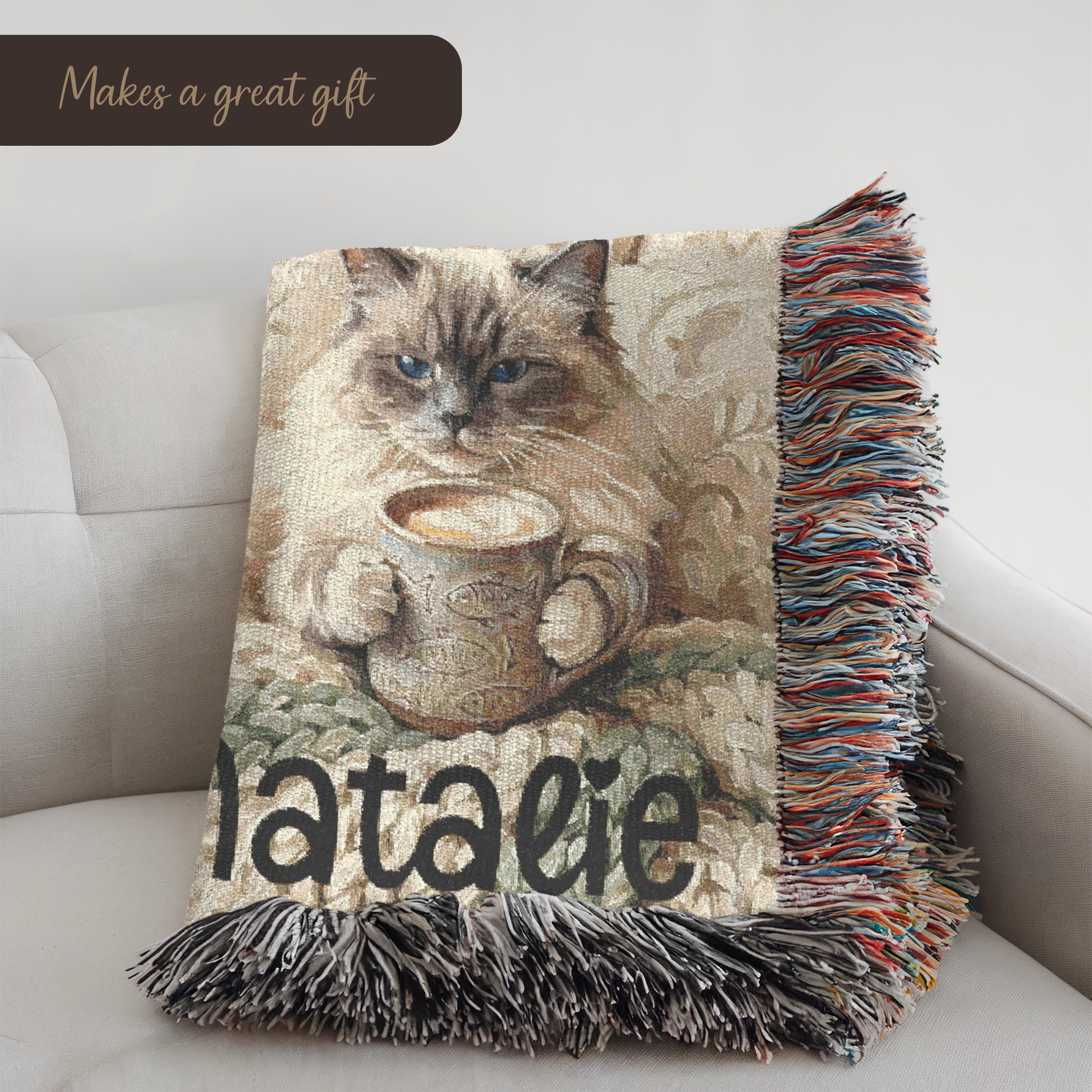 Personalized Cozy Siamese Cat & Coffee Woven Blanket Throw Tapestry