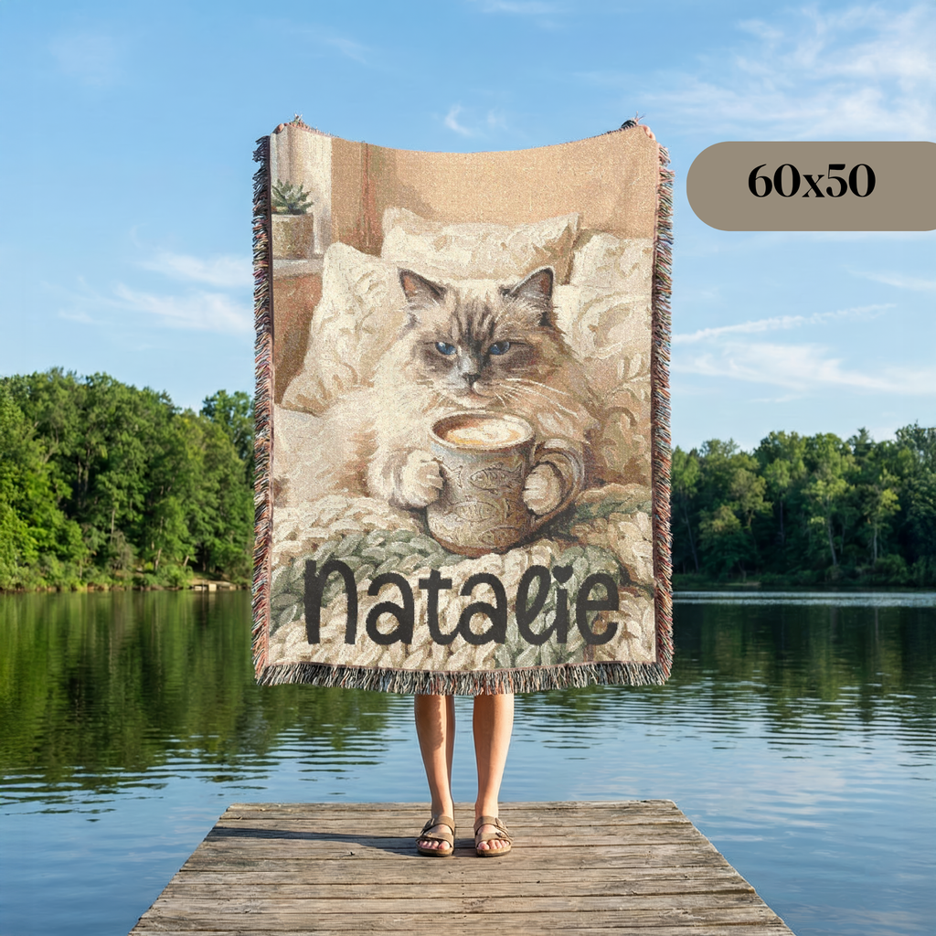Personalized Cozy Siamese Cat & Coffee Woven Blanket Throw Tapestry
