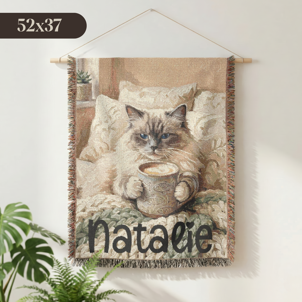 Personalized Cozy Siamese Cat & Coffee Woven Blanket Throw Tapestry