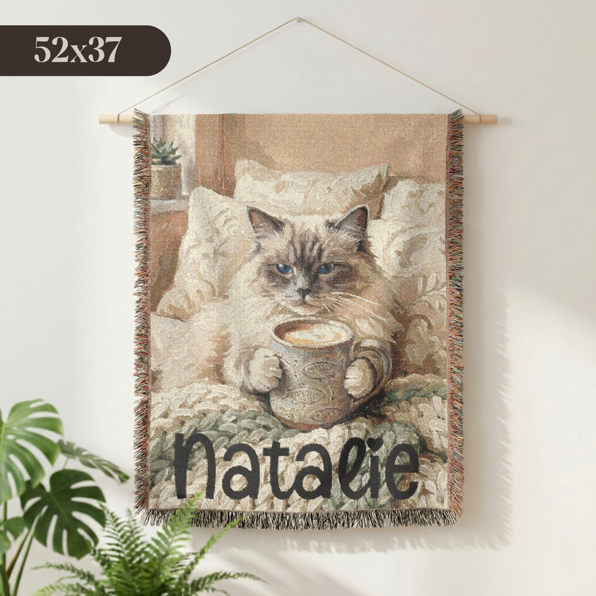 Personalized Cozy Siamese Cat & Coffee Woven Blanket Throw Tapestry